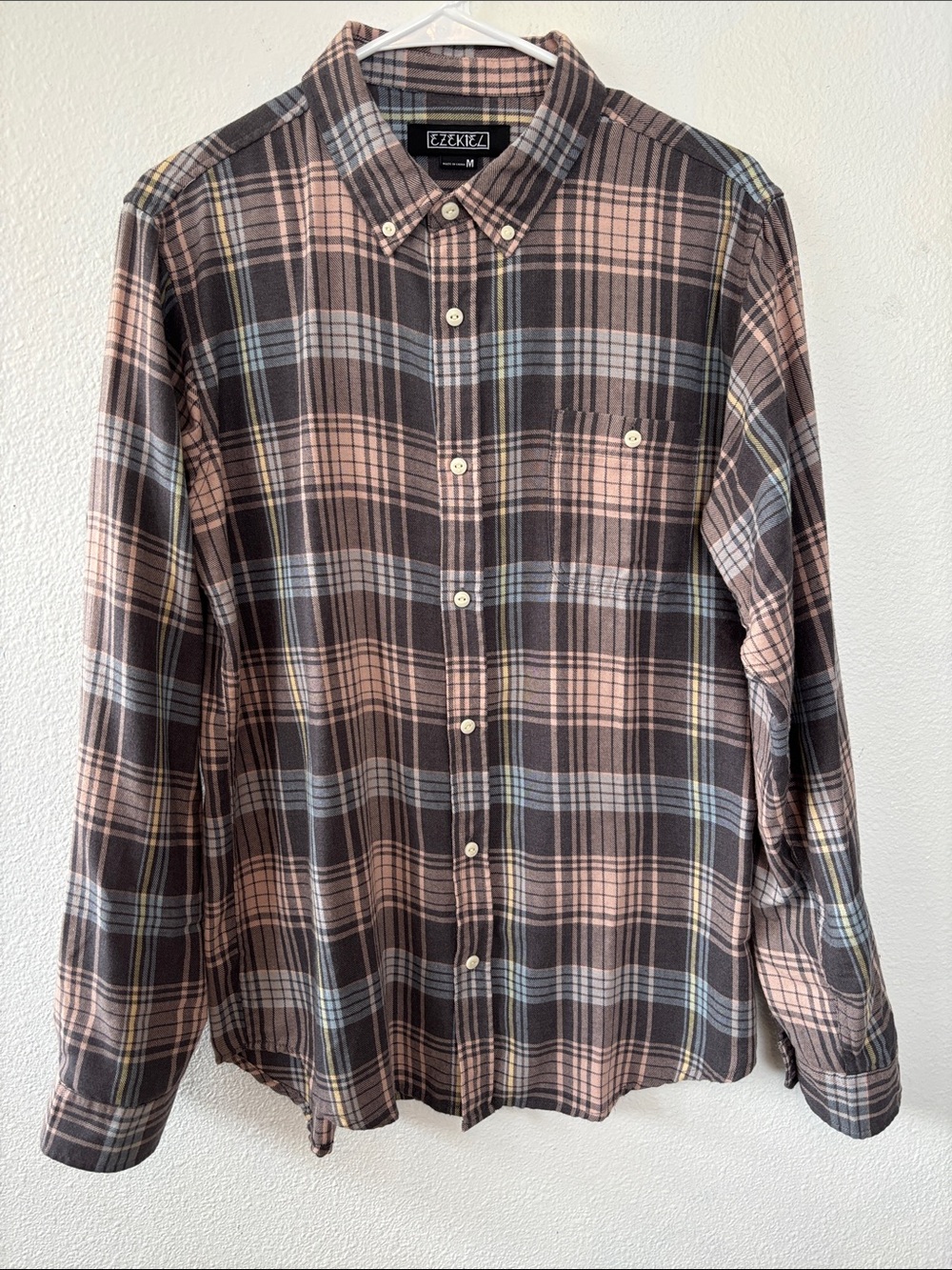 Ezekiel Pink and Brown Plaid Button-Down Shirt with Light Yellow Accents -671sku